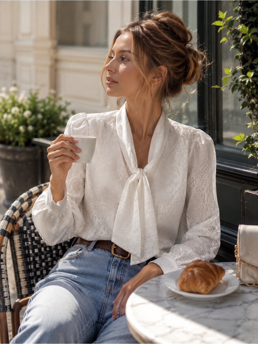 Vintage Elegant Jacquard White Paisley Tie-Neck Blouse for Women